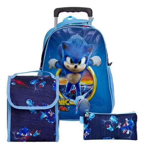 Mochila Infantil Masculina De Rodinha Sonic Lancheira Estojo