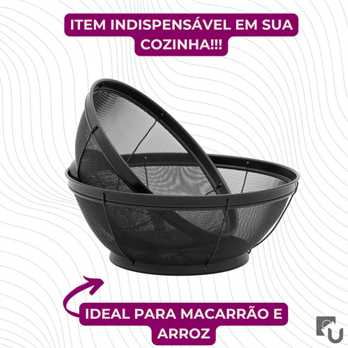 Escorredor Arroz Multiuso Em Aço Inox Preto Grande Macarrão