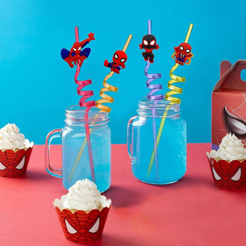 Pajitas Reutilizables Spiderman: 24 Unidades Con 8 Diseños
