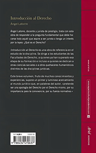 Introducciãâ³n Al Derecho, De Latorre, Ángel. Editorial Ariel, Tapa Blanda En Español