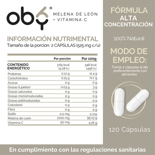 Oby Hongo Melena De Leon Maxima Concentracion 1000mg Potenciado con Vitamina C 120 Caps Sin Sabor
