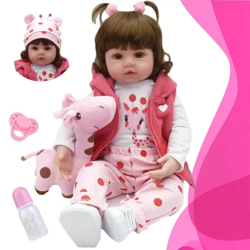 Boneca Bebê reborn menina 100% silicone pode dar banho criança presente  Original (Girafa Boneca 48cm)