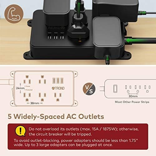 Enchufe Inteligente Marca Trond/5 Tomas/3 Usb/negro/5ft