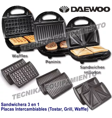 Sandwichera Waflera Grill 3 En 1 Placas Intercambiables Daewoo 750W • SANDWICHERA  3 EN 1 DAEWOO • Potencia: 750W • Incluye 3 juegos de…