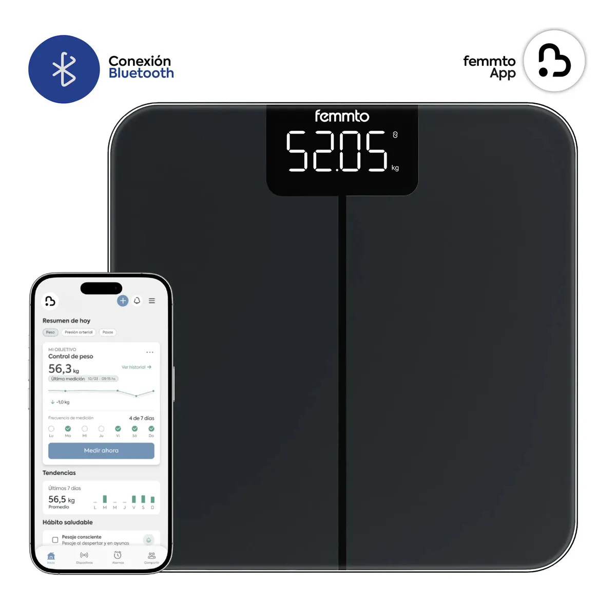 Balanza Digital Con Bluetooth Personal De Baño Peso Corporal 180 Kg Diseño Minimalista Femmto