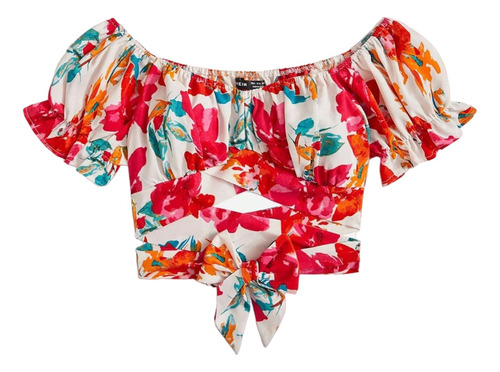 Top Corto Blusa Casual Floral Con Liston Rojo Mujer