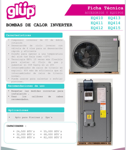 Bomba De Calor Glüp 24,500 Btu Inverter Para Piscina
