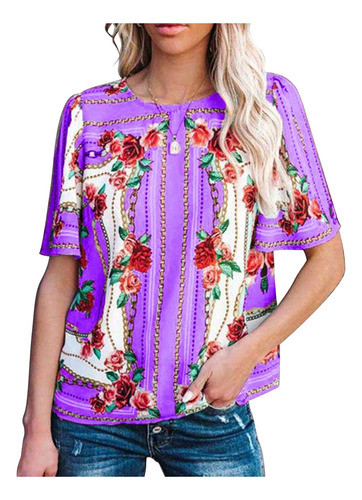 Camiseta Verano Para Mujer Estampado Flor Etnica Manga Corta