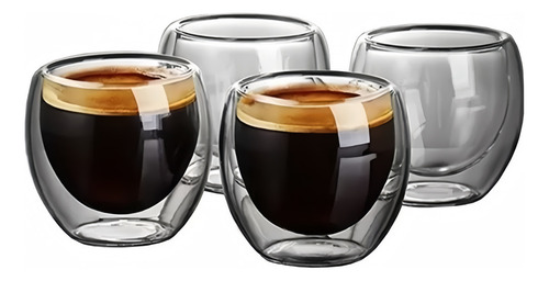 Juego 4 Tazas Café Vidrio Termico 80ml - Doble Taza Café