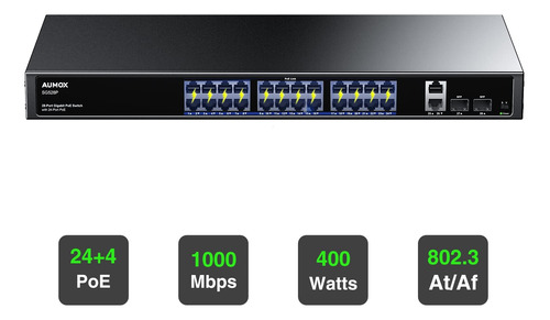 Aumox Conmutador Poe Gigabit De 28 Puertos, Interruptor Poe