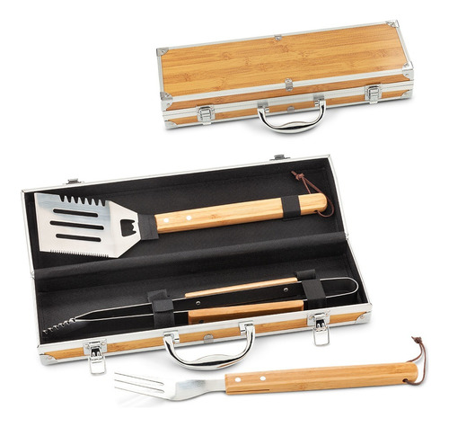 Set Bbq Bamboo Incluye 3 Utensilios Caja En Bambú Asados 