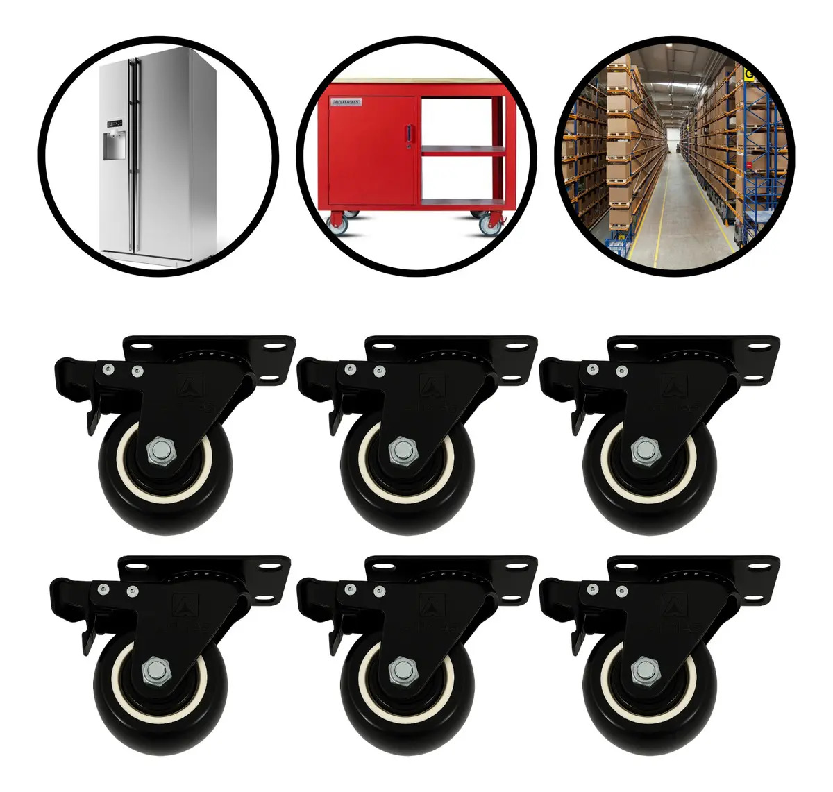 Kit 6 Rodízios Giratórios Com Trava Dupla 1,5" Polegadas Com Freio Duplo 35MM Para Bancadas e Racks Suporta 600kg Rodinhas De Silicone Anti-risco Reforçadas Para Móveis Carrinhos C