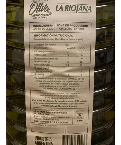 Imagen 2 de 5 de Aceite Oliva Extra Virgen Organico La Riojana X5000cc + Rega
