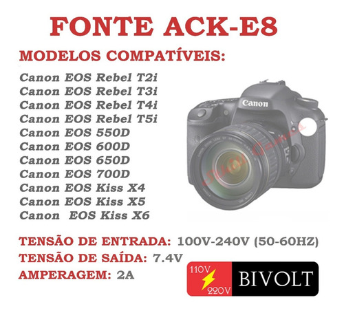 Fonte Ack-e8 Adaptador Ac Para Canon T2i T3i T4i T5i 650d...