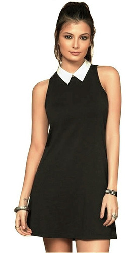 Hermoso Vestido Negro Corto Manga Sisa Cuello Camisero Mujer