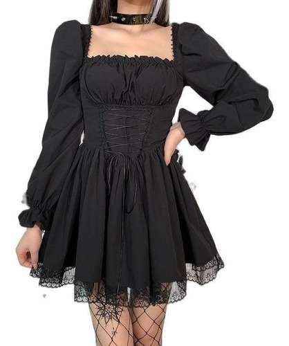 Vestido Feminino Gótico Lolita Com Renda Quadrada Com Decote