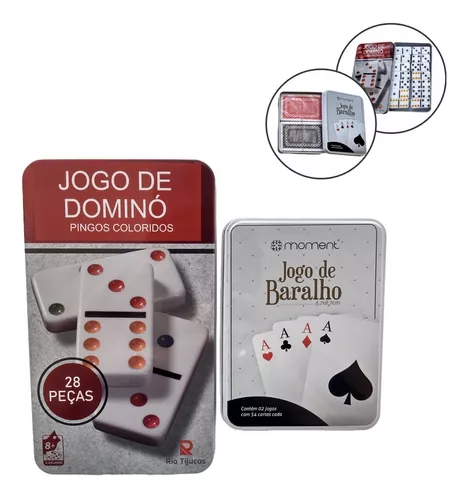 Dominó Dominoes com 28 Peças de 9mm e Estojo Lata + Baralho MB Teach com  108 Cartas