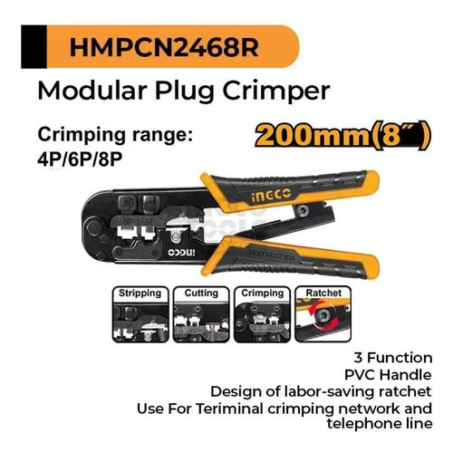 Pinza Crimpeadora De Terminales De Red Y Telefonica 8  Ingco