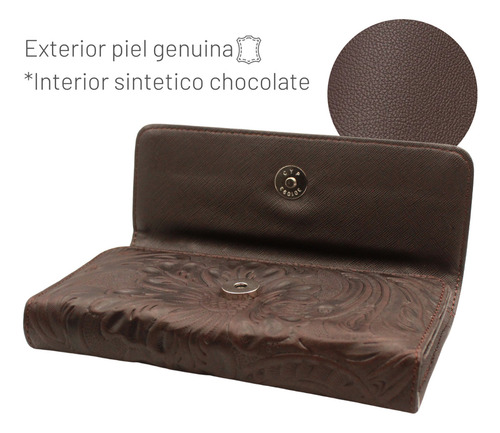 Cartera Mujer Piel Larga Tarjetero Grabado Láser Chocolate