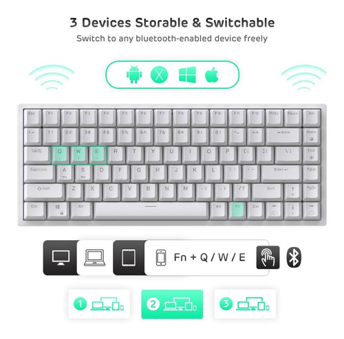Imagen 4 de 10 de Teclado Inalambrico Blanco Rgb Royal Kludge Rk84 Tkl Blue S