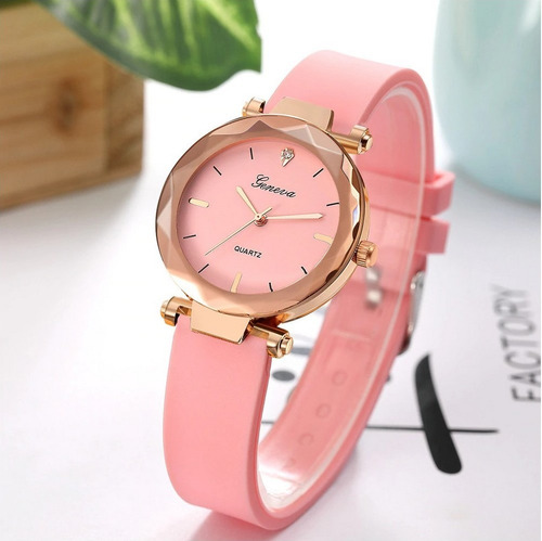 Relógio De Pulso Feminino Redondo Geneva Preto Rosa Pink
