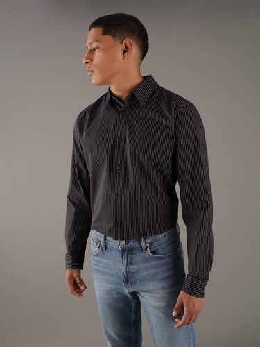 Camisa Negra Con Rayas Verticales Calvin Klein Hombre