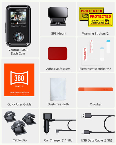 Dash Cam Vantrue E360 5.2k 360° Panoramic View Wifi&gps 512g
