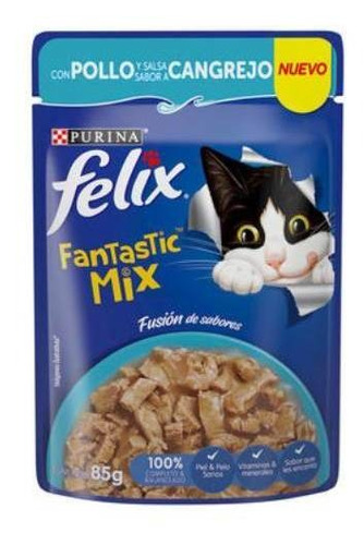 Alimento Felix Fantastic Mix para gato adulto todos los tamaños sabor pollo y cangrejo en sobre de 85 g