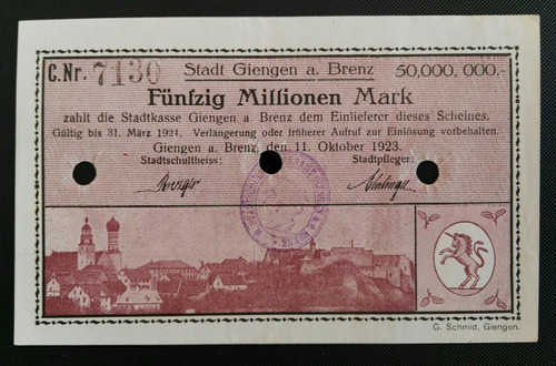 Alemania 50 Millones Marcos Año 1923 Giengen Nr 7130