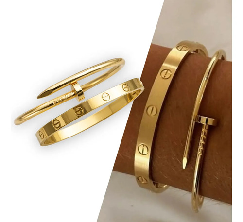 Kit 2 Pulseiras Bracelete Feminino Trevo Prego Love Aço Inox Dourado 18 Cm