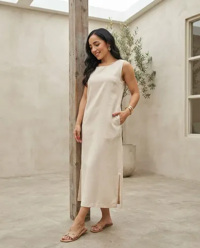 Vestido Regata Linho Feminino Casual Liso Soltinho Com Bolso