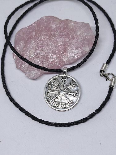 Vegvisir Brujula Vikinga Cobre Baño Plata Collar Cuero Eco