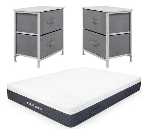 Comoda Cajonera 2 Cajones 2pzas Colchon Matrimonial En Caja Color blanco y gris