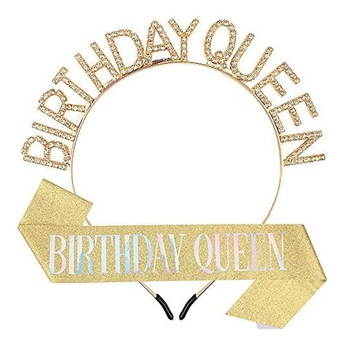 Diademas - Aoprie Birthday Queen Crown & Sash For Women Gol