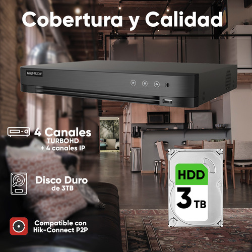 Hikvision Kit De 4 Cámaras De Seguridad Metálicas Eyeball Turbohd 4k 8mp Exterior Ip67 + + Dvr 8mp 4 Canales Turbohd + 4 Canales Ip + 3tb Hdd Modelo Ids2ce76u0t-plus-sc+3tb