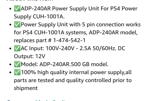 Imagen 7 de 7 de Fuente De Poder Adp-240ar Para Ps4 Fat Cuh-1001a (5 Pines)