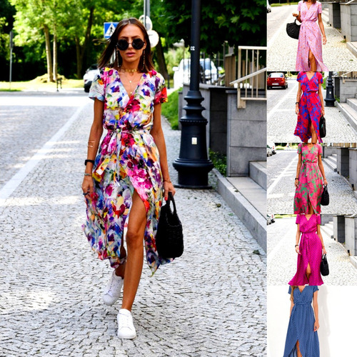 Vestido Midi De Manga Corta Con Cuello En V Y Cintura Anudad