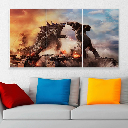 Cuadro Triptico Godzilla Vs. Kong Personalizado Canvas Art