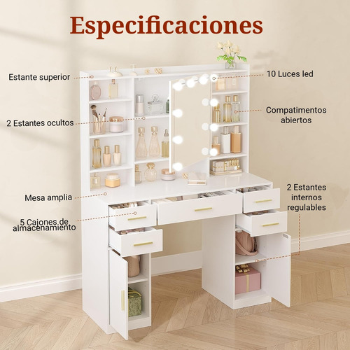 Tocador Hollywood Grande Con 5 Cajones Grandes Y Estantes Blanco
