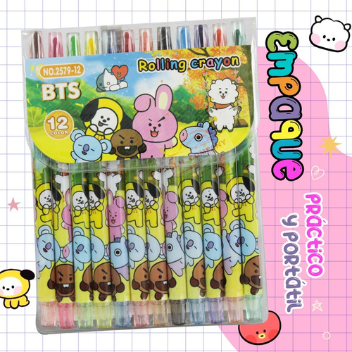 Imagen 7 de 10 de Set 12 Crayolas Giratorias Kawaii Colores Bts Bt21 C173-485