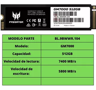 Memoria Ssd Predator Gm7000 512gb M.2 Gen4x4 Bl.9bwwr.104