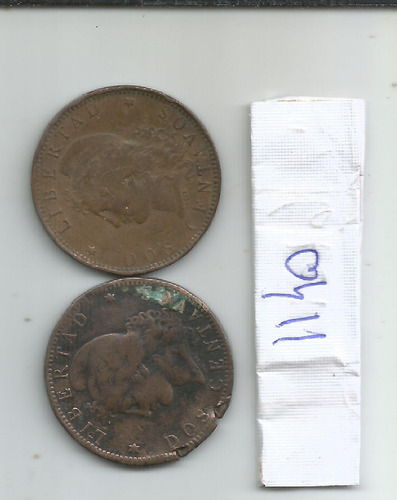 M 14 Argentina Lote 2 Monedas 2 Centavos Patacon 1892, 1893 (Usado)
