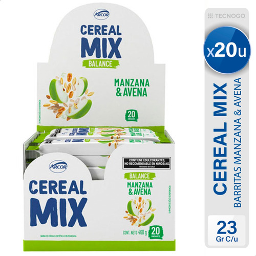 Arcor cereal mix manzana y avena caja con 20 barras de cereal 