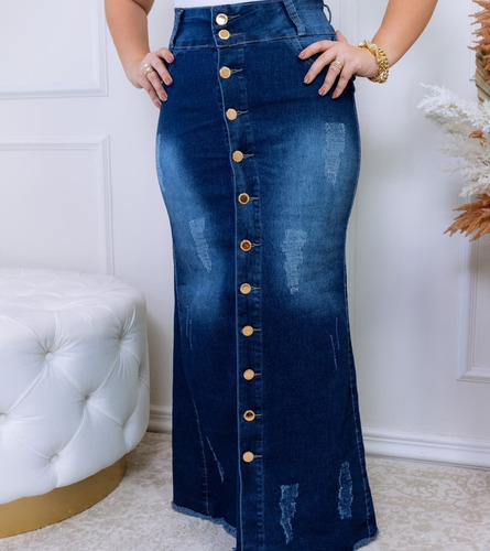Imagem 2 de 4 de Saia Jeans Destroyed Longa Justa Moda Evangélica Feminina