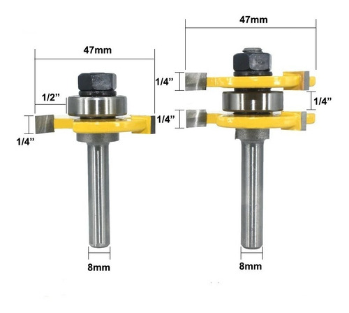 Imagen 2 de 6 de Set 2 Fresas Tupi 8 Mm Para Machihembrado Para Espesor 3/4'
