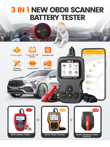 Escáner Obd2 Bluetooth 3 En 1 Y Probador De Batería 12v 24v