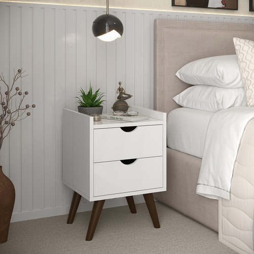 Mesa De Cabeceira 2 Gaveta Juma Quarto Retrô Pés Antiumidade Acabamento Brilhante Cor Branco