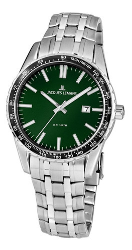 Reloj Jacques Lemans Hombre De Lujo En Acero Color De La Correa Plateado Color Del Bisel Plateado Color Del Fondo Verde