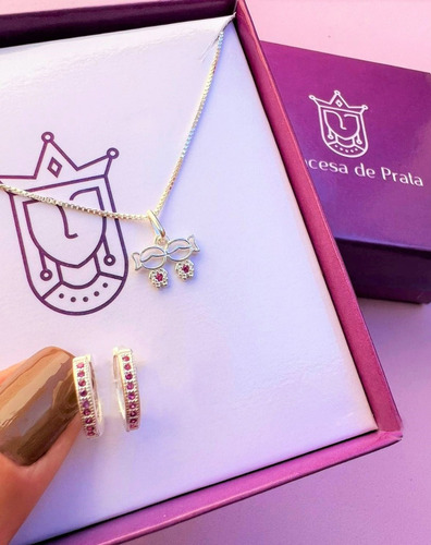 Conjunto Colar Mãe De Duas Meninas E Brinco Rosa Em Prata925 Cor Cinza
