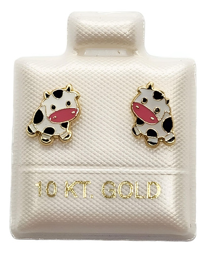 Arete Broquel Oro 10k 2 Pares Vaca Y Unicornio + Caja Regalo